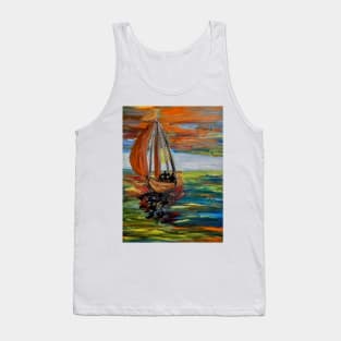 A father and his two sons out for a evening sailing at sunset . Tank Top